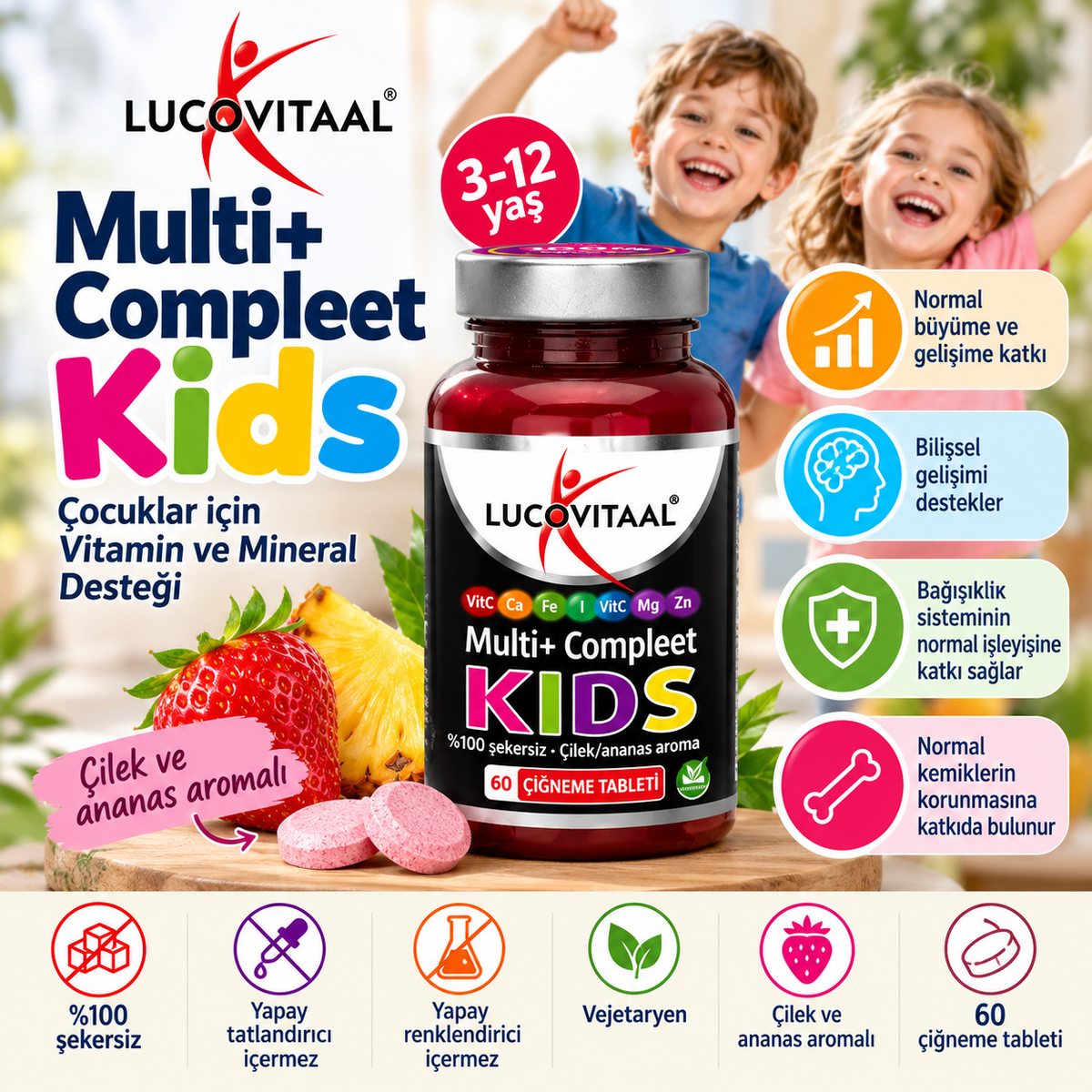 Multi+ Compleet Kids – Multivitaminico e minerali per bambini, 60 compresse masticabili
