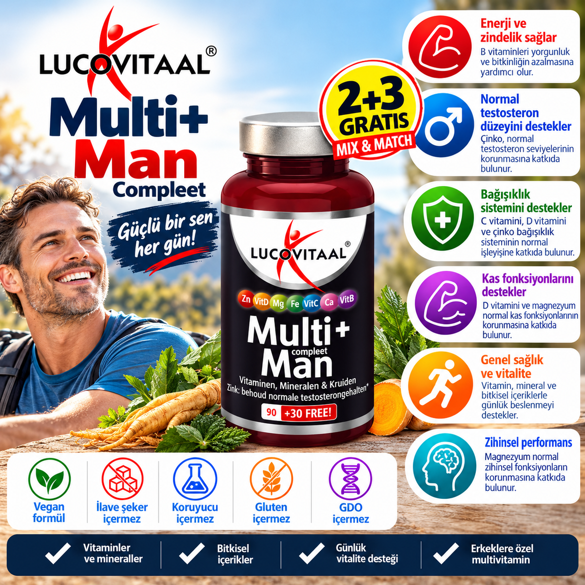 Multi+ Man Compleet – Erkeklere Özel Multivitamin ve Mineral Kompleksi (120 Tablet)