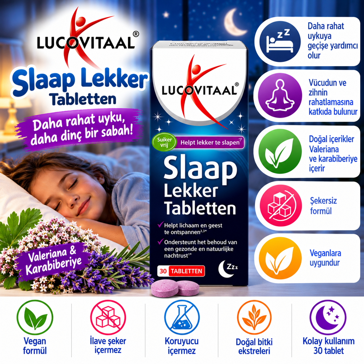 Slaap Lekker – Rahat Uyku Destekleyici Bitkisel Takviye (30 Tablet)