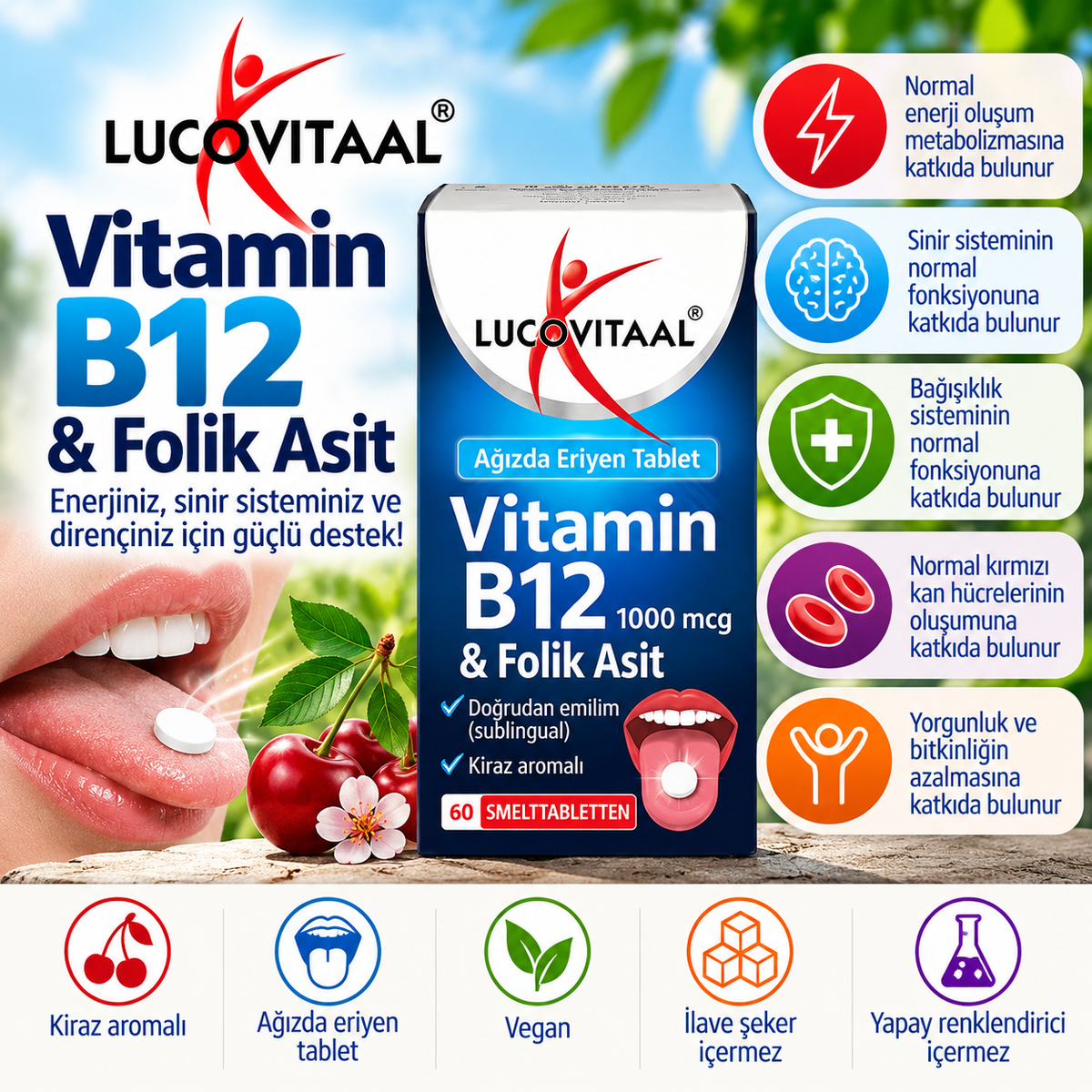 Vitamin B12 & Folik Asit – 1000 mcg, 60 Ağızda Eriyen Tablet