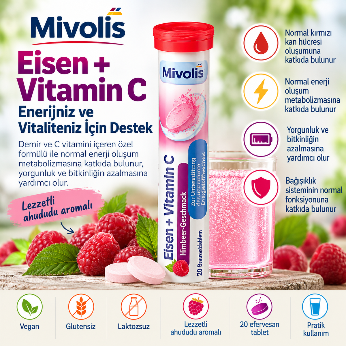 Mivolis Demir + C Vitamini – 20 Efervesan Tablet | 82 g