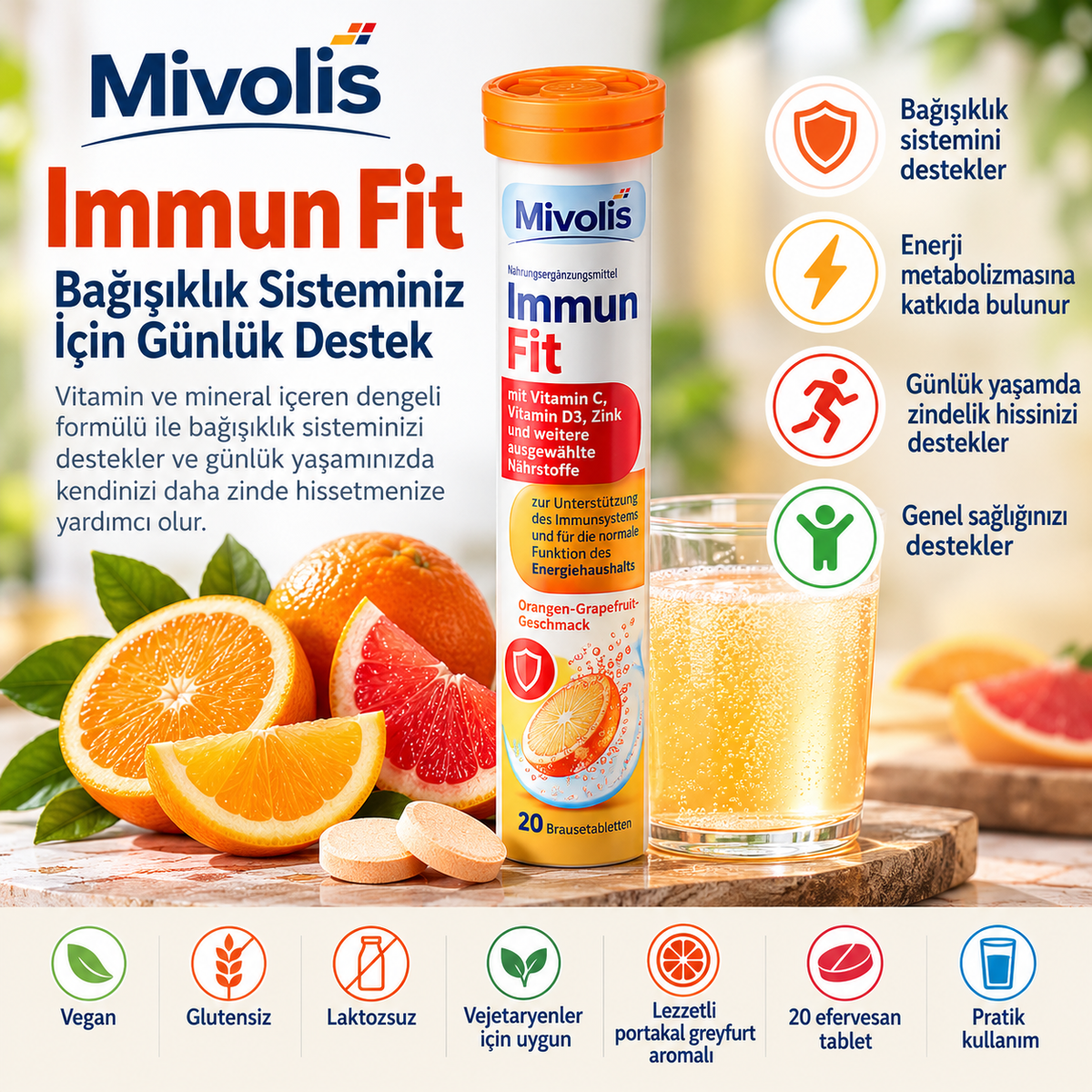 Mivolis Immun Fit – Bağışıklık Sistemi Desteği | 20 Efervesan Tablet – 80 g