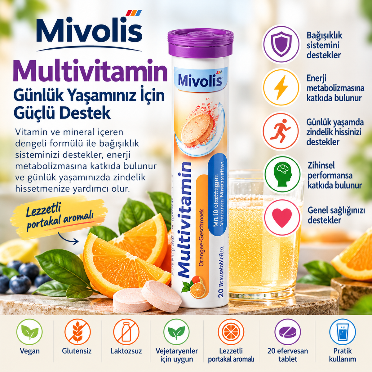 Mivolis Multivitamin – 20 Efervesan Tablet | Tropikal Meyve Aromalı
